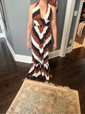 Plenty by Tracy Reese Brown, Black & White Chevron Halter Maxi Dress